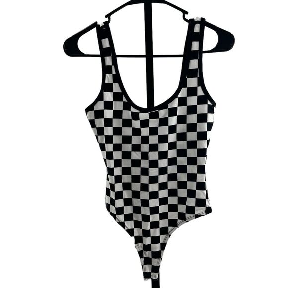 Forever 21 Women’s S Checkerboard Print Bodysuit Black White 90’s Grunge Emo‎ - Picture 1 of 6